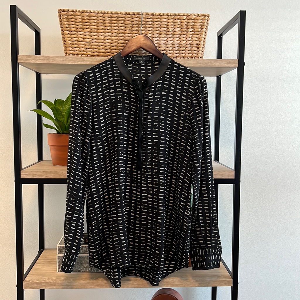 Rachel Zoe 100% Silk Dalton Leather Trim Print 1/2 Placket Blouse Top, 6